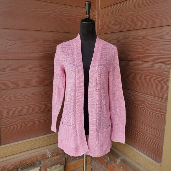 Talbots Linen Pink Open-Front Women's Sweater Faux Pockets - Picture 12 of 13